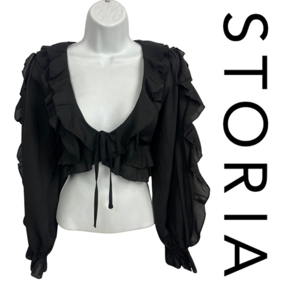 STORIA Black Long Sleeve Ruffle Front Tie Sheer Blouse – Size M
